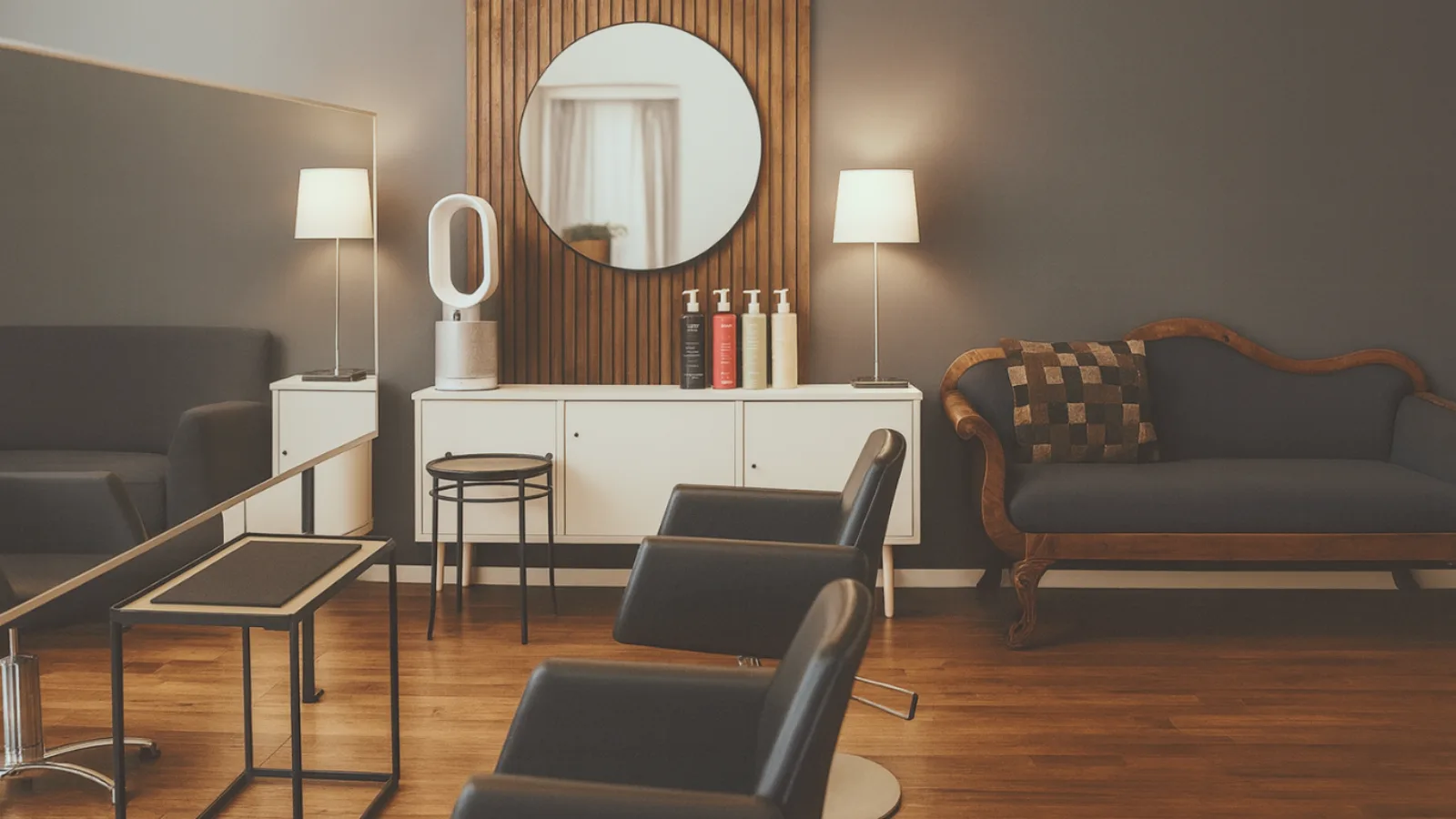 Premium Scandinavian keratin treatment salon interior with warm lighting